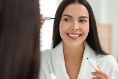 plano medio de mujer sonriendo en el espejo aplicando serum para pestañas.