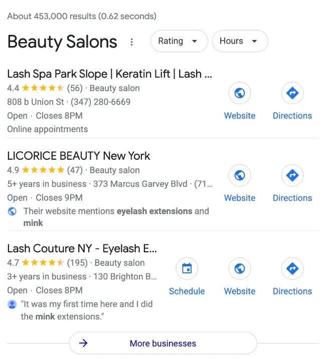 Resultados locales de salones de belleza